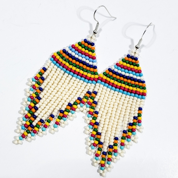 Hand Crafted Jewelry - Handmade Off White Tribal Seed Bead Fringe Earrings